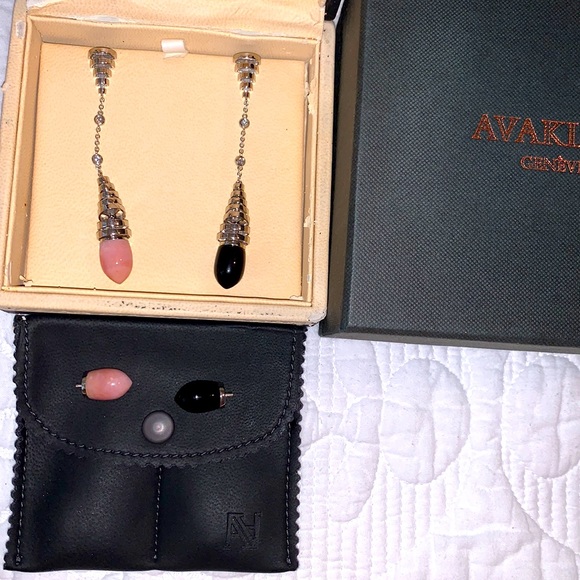 Xtra pics 18K Avakian Pink Opal & Onyx Earrings - Picture 2 of 16
